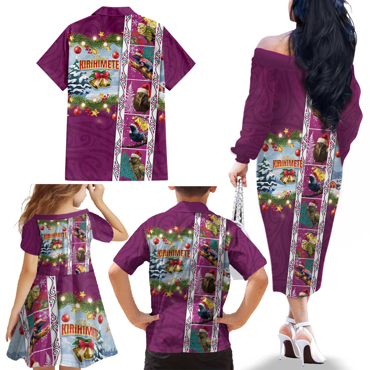 New Zealand Merry Christmas Family Matching Off The Shoulder Long Sleeve Dress and Hawaiian Shirt Maori Animals, Koru Tattoo - Pink Xmas Style LT03 - Polynesian Pride