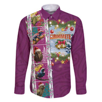 New Zealand Merry Christmas Family Matching Off The Shoulder Long Sleeve Dress and Hawaiian Shirt Maori Animals, Koru Tattoo - Pink Xmas Style LT03 Dad's Shirt - Long Sleeve Pink - Polynesian Pride