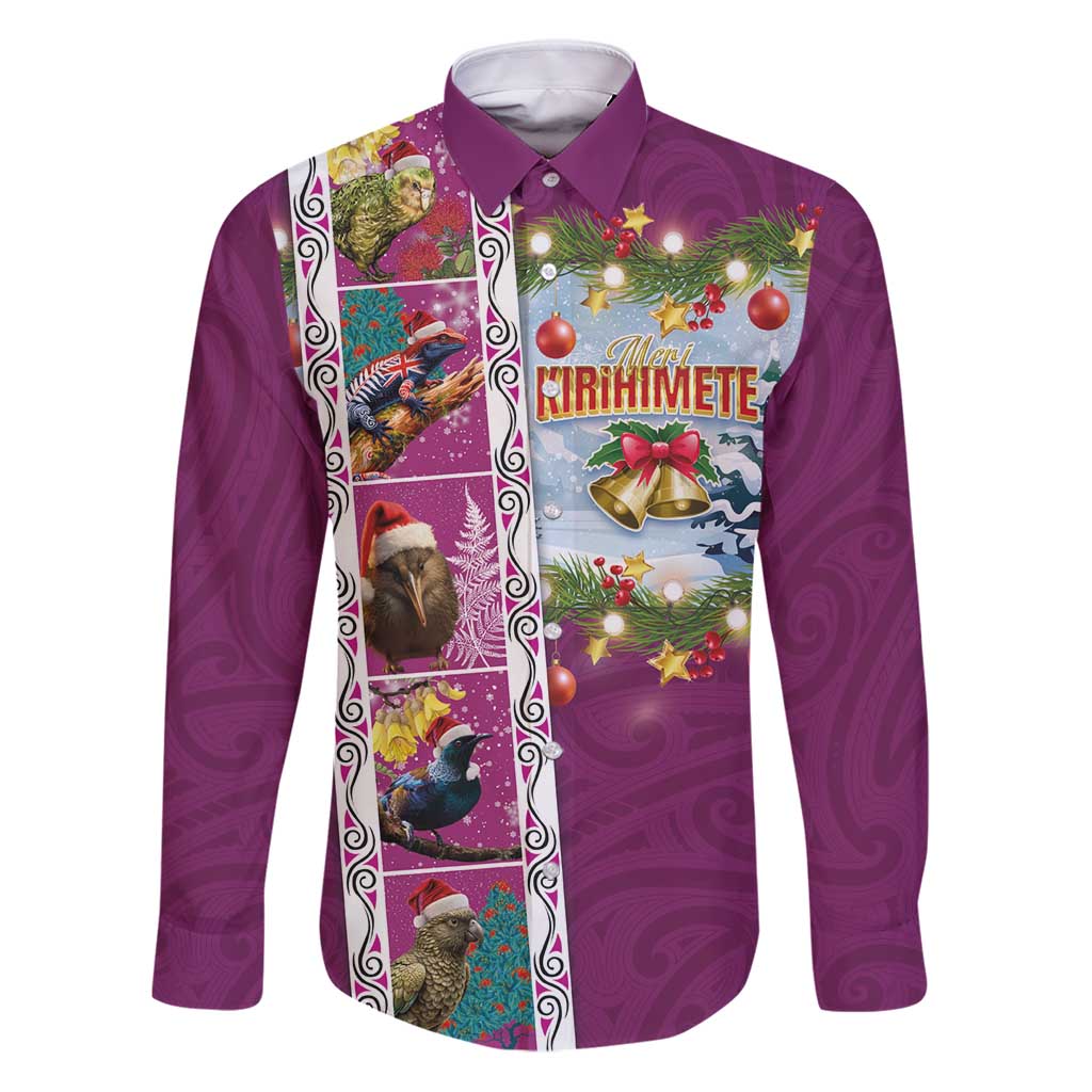New Zealand Merry Christmas Family Matching Puletasi and Hawaiian Shirt Maori Animals, Koru Tattoo - Pink Xmas Style LT03 Dad's Shirt - Long Sleeve Pink - Polynesian Pride