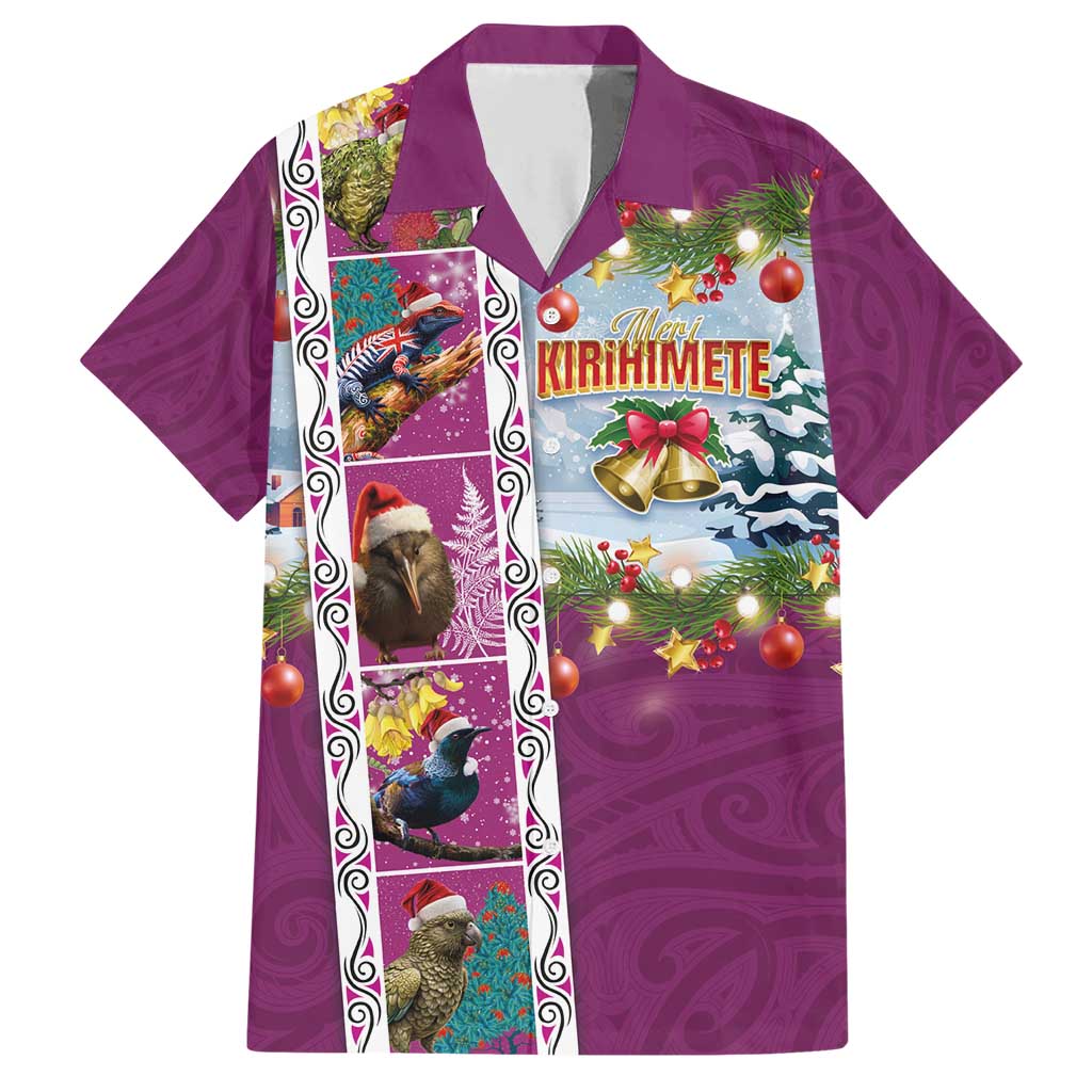 New Zealand Merry Christmas Family Matching Short Sleeve Bodycon Dress and Hawaiian Shirt Maori Animals, Koru Tattoo - Pink Xmas Style LT03 Dad's Shirt - Short Sleeve Pink - Polynesian Pride