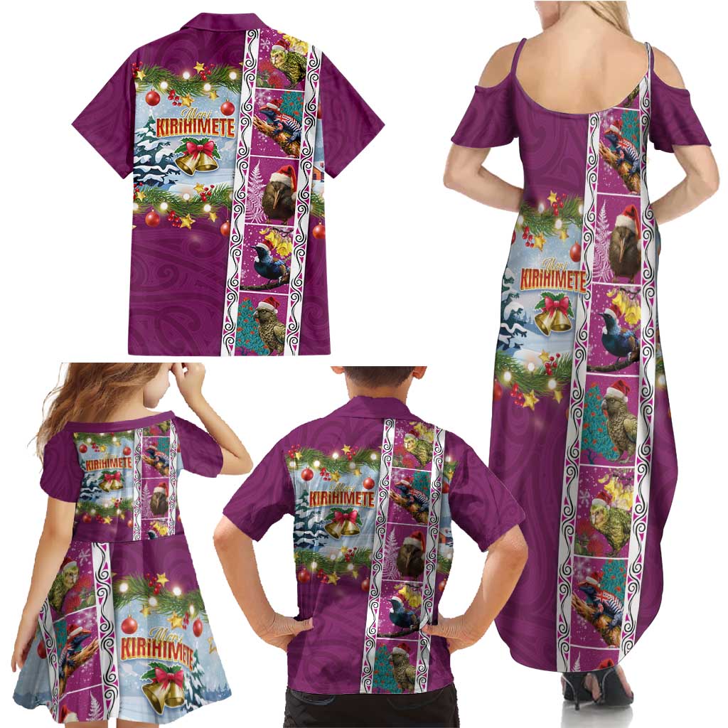 New Zealand Merry Christmas Family Matching Summer Maxi Dress and Hawaiian Shirt Maori Animals, Koru Tattoo - Pink Xmas Style LT03 - Polynesian Pride
