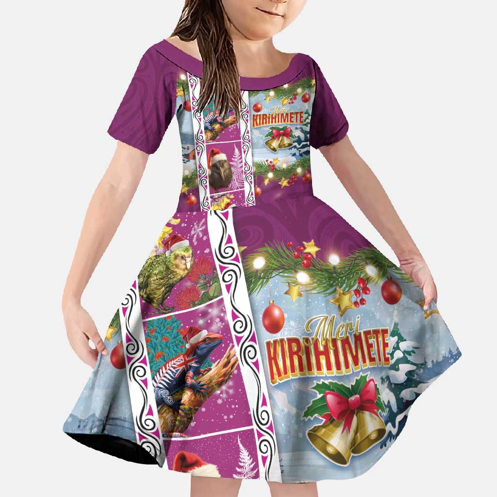 New Zealand Merry Christmas Family Matching Tank Maxi Dress and Hawaiian Shirt Maori Animals, Koru Tattoo - Pink Xmas Style LT03 Daughter's Dress Pink - Polynesian Pride
