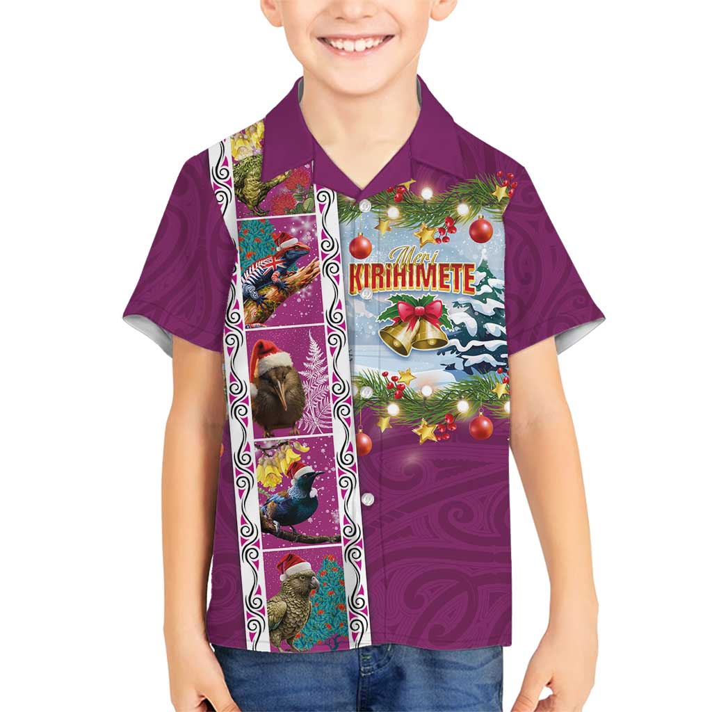 New Zealand Merry Christmas Family Matching Tank Maxi Dress and Hawaiian Shirt Maori Animals, Koru Tattoo - Pink Xmas Style LT03 Son's Shirt Pink - Polynesian Pride