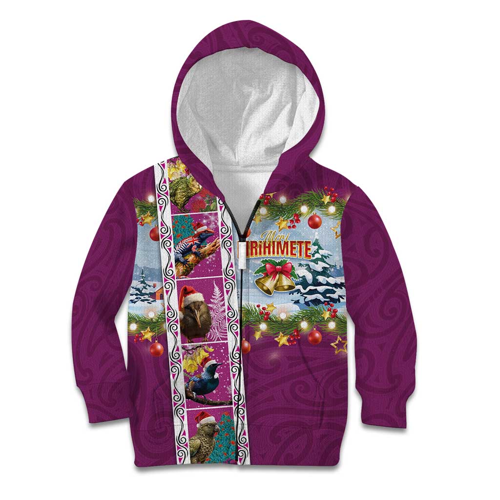 New Zealand Merry Christmas Kid Hoodie Maori Animals, Koru Tattoo - Pink Xmas Style LT03 Zip Hoodie Pink - Polynesian Pride