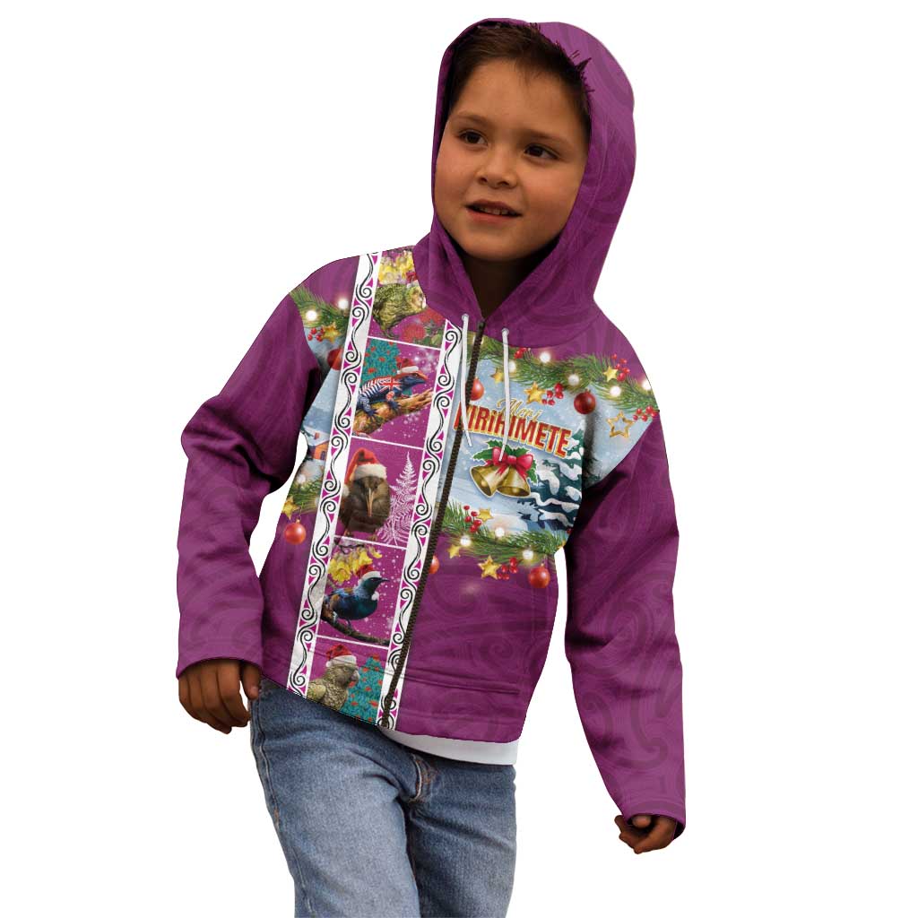 New Zealand Merry Christmas Kid Hoodie Maori Animals, Koru Tattoo - Pink Xmas Style LT03 - Polynesian Pride