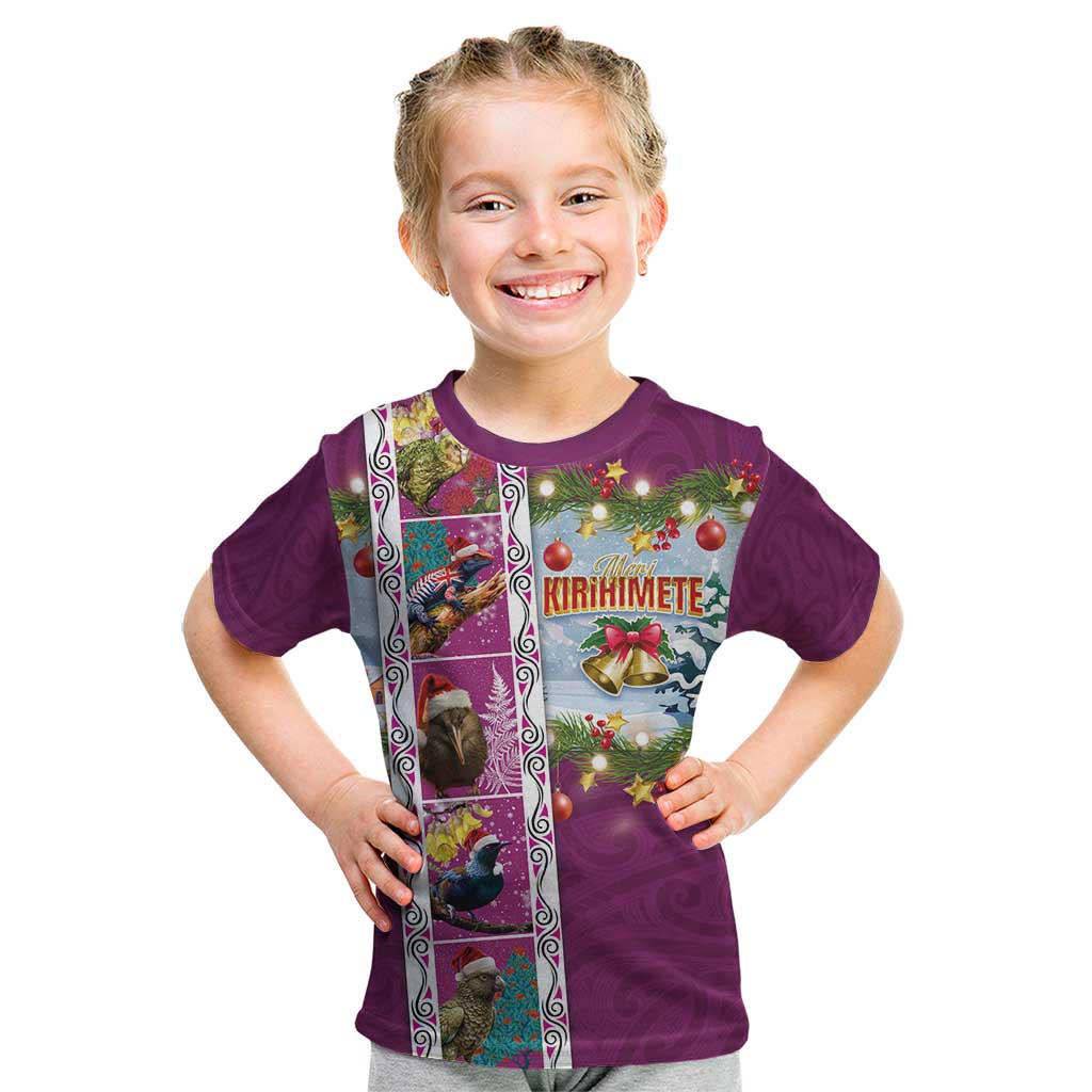 New Zealand Merry Christmas Kid T Shirt Maori Animals, Koru Tattoo - Pink Xmas Style LT03 Pink - Polynesian Pride