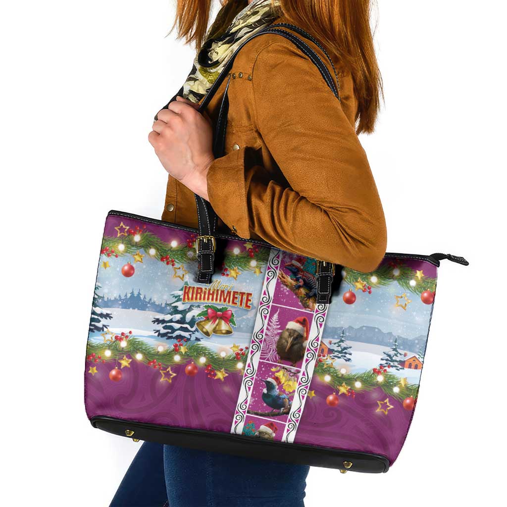 New Zealand Merry Christmas Leather Tote Bag Maori Animals, Koru Tattoo - Pink Xmas Style LT03 Pink - Polynesian Pride