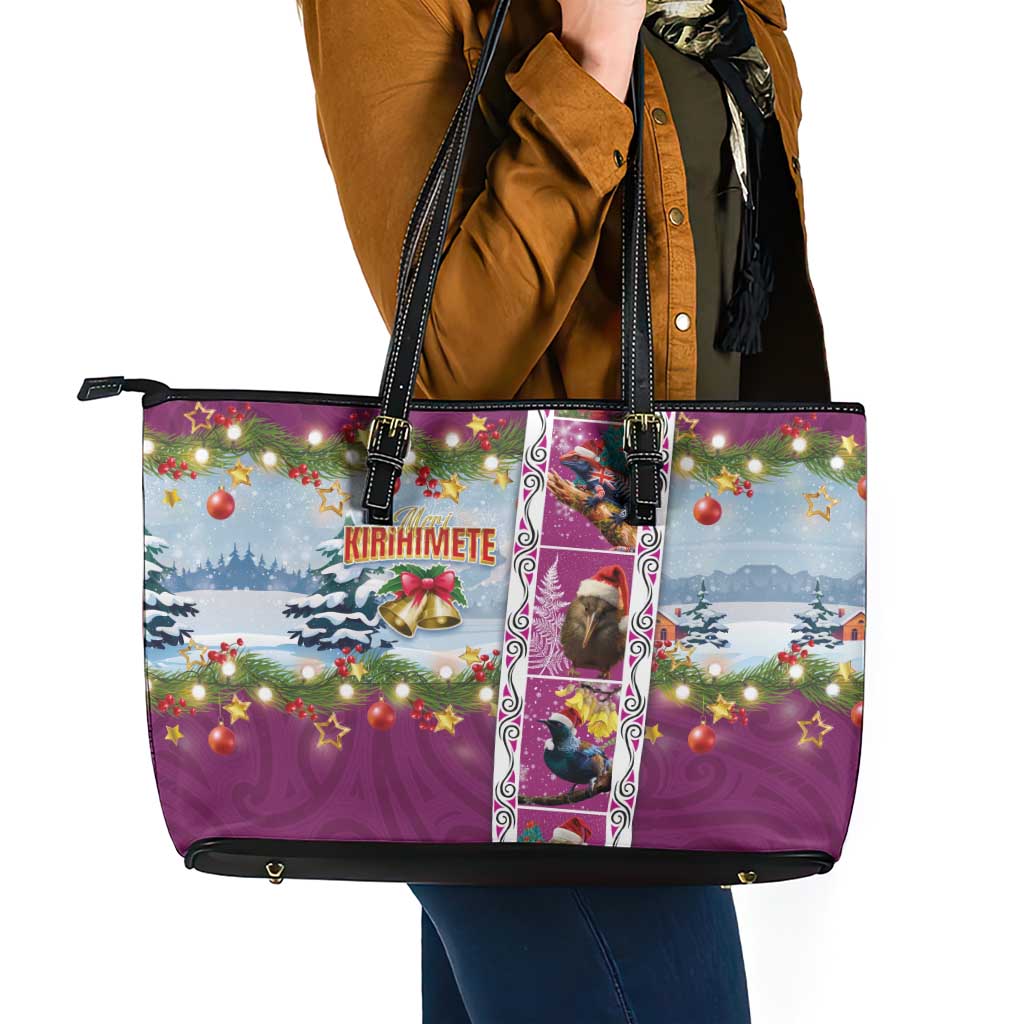 New Zealand Merry Christmas Leather Tote Bag Maori Animals, Koru Tattoo - Pink Xmas Style LT03 - Polynesian Pride