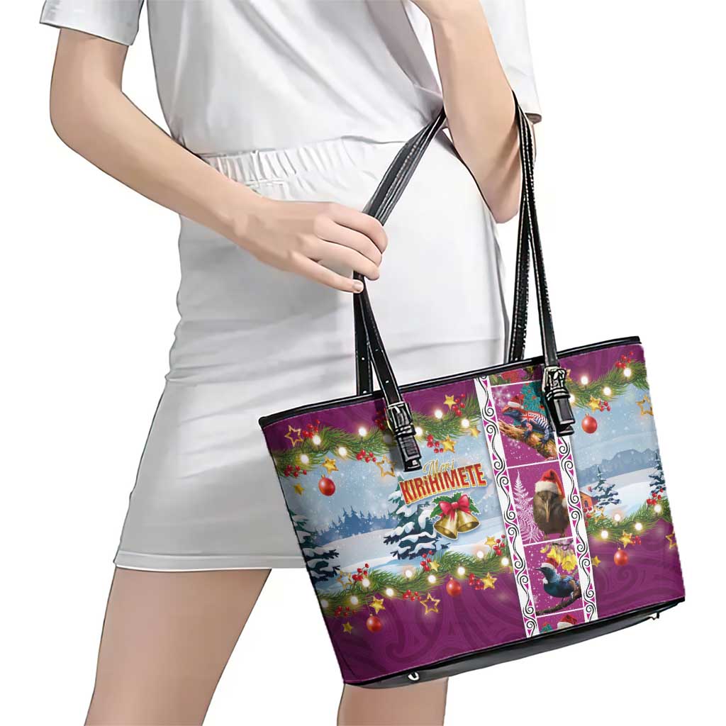 New Zealand Merry Christmas Leather Tote Bag Maori Animals, Koru Tattoo - Pink Xmas Style LT03 - Polynesian Pride