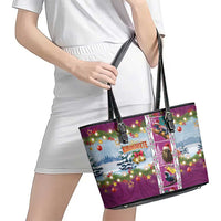 New Zealand Merry Christmas Leather Tote Bag Maori Animals, Koru Tattoo - Pink Xmas Style LT03 - Polynesian Pride