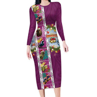 New Zealand Merry Christmas Long Sleeve Bodycon Dress Maori Animals, Koru Tattoo - Pink Xmas Style LT03 Long Dress Pink - Polynesian Pride