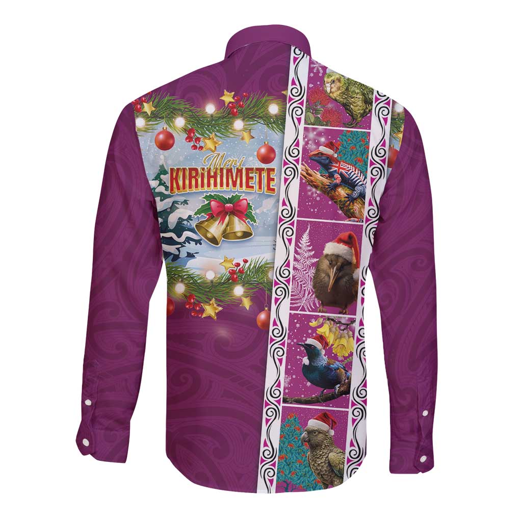 New Zealand Merry Christmas Long Sleeve Button Shirt Maori Animals, Koru Tattoo - Pink Xmas Style LT03 - Polynesian Pride