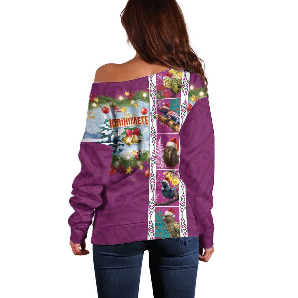 New Zealand Merry Christmas Off Shoulder Sweater Maori Animals, Koru Tattoo - Pink Xmas Style LT03 - Polynesian Pride