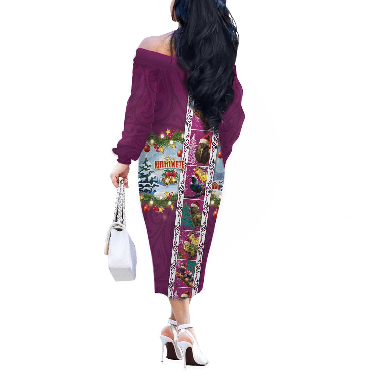 New Zealand Merry Christmas Off The Shoulder Long Sleeve Dress Maori Animals, Koru Tattoo - Pink Xmas Style LT03 - Polynesian Pride