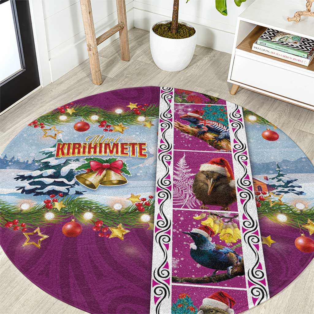 New Zealand Merry Christmas Round Carpet Maori Animals, Koru Tattoo - Pink Xmas Style LT03 Pink - Polynesian Pride