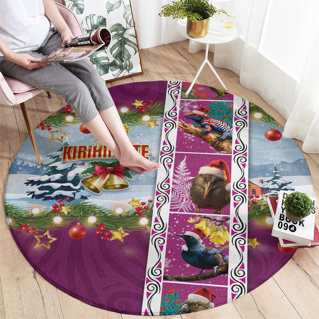 New Zealand Merry Christmas Round Carpet Maori Animals, Koru Tattoo - Pink Xmas Style LT03 - Polynesian Pride