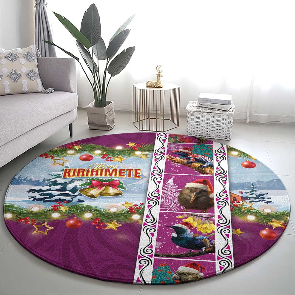 New Zealand Merry Christmas Round Carpet Maori Animals, Koru Tattoo - Pink Xmas Style LT03 - Polynesian Pride