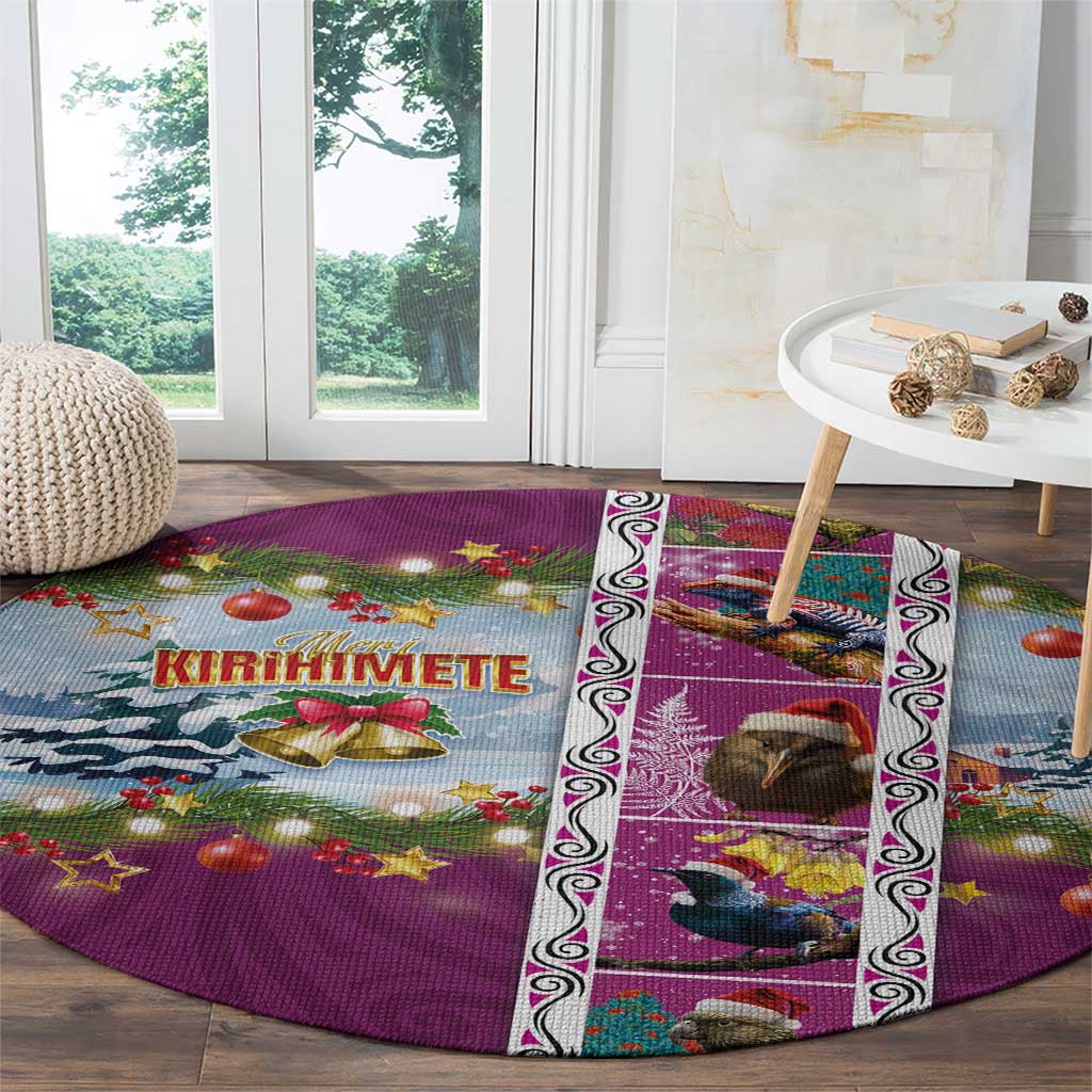 New Zealand Merry Christmas Round Carpet Maori Animals, Koru Tattoo - Pink Xmas Style LT03 - Polynesian Pride