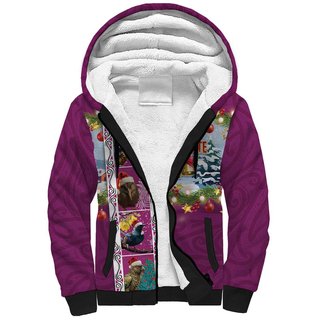New Zealand Merry Christmas Sherpa Hoodie Maori Animals, Koru Tattoo - Pink Xmas Style LT03 Unisex Pink - Polynesian Pride