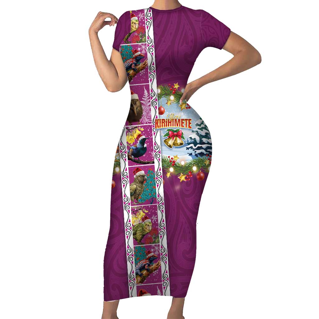 New Zealand Merry Christmas Short Sleeve Bodycon Dress Maori Animals, Koru Tattoo - Pink Xmas Style LT03 Long Dress Pink - Polynesian Pride