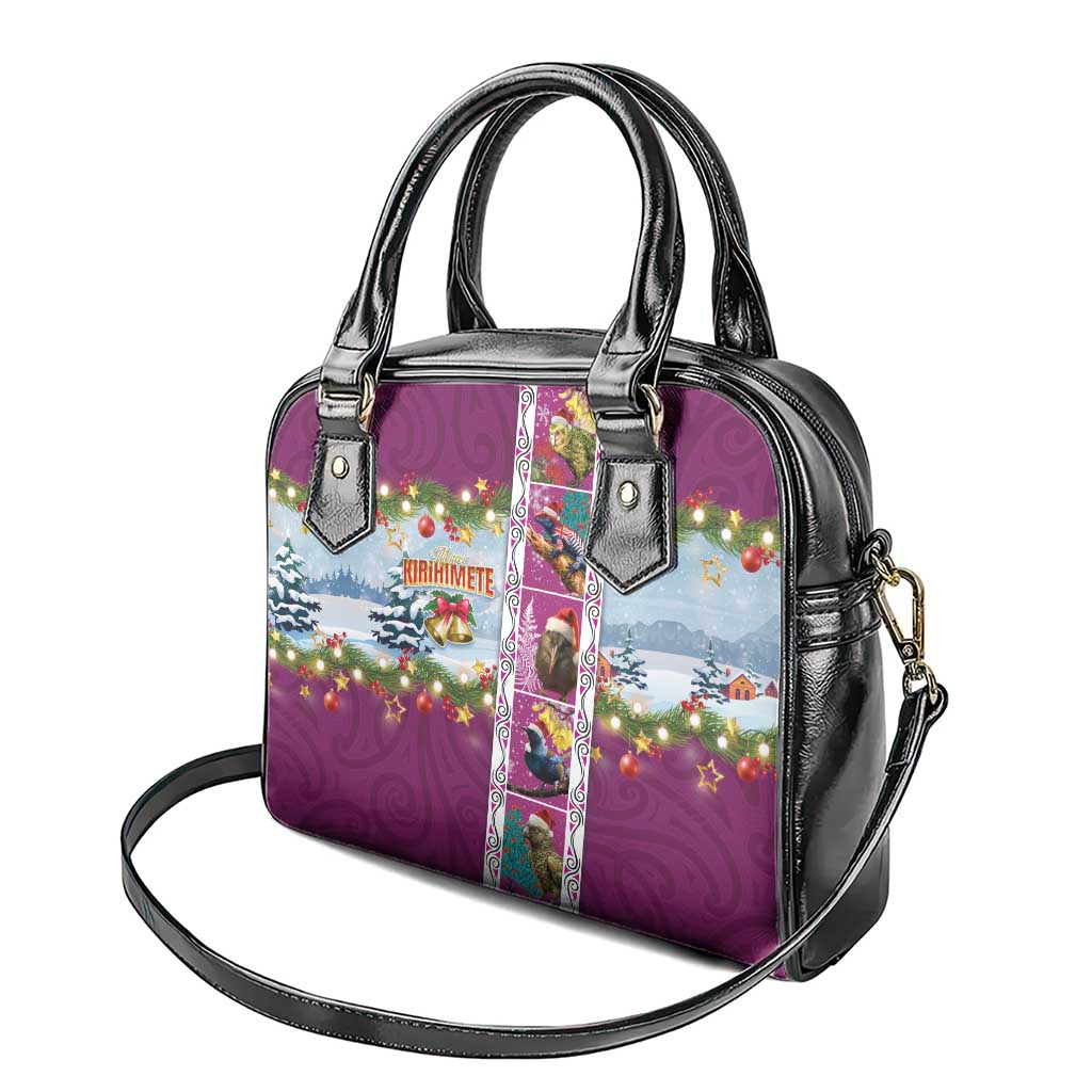 New Zealand Merry Christmas Shoulder Handbag Maori Animals, Koru Tattoo - Pink Xmas Style LT03 - Polynesian Pride