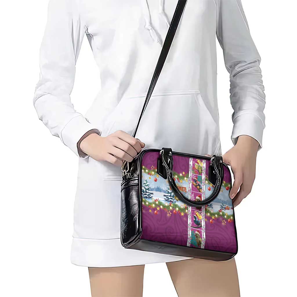 New Zealand Merry Christmas Shoulder Handbag Maori Animals, Koru Tattoo - Pink Xmas Style LT03 - Polynesian Pride