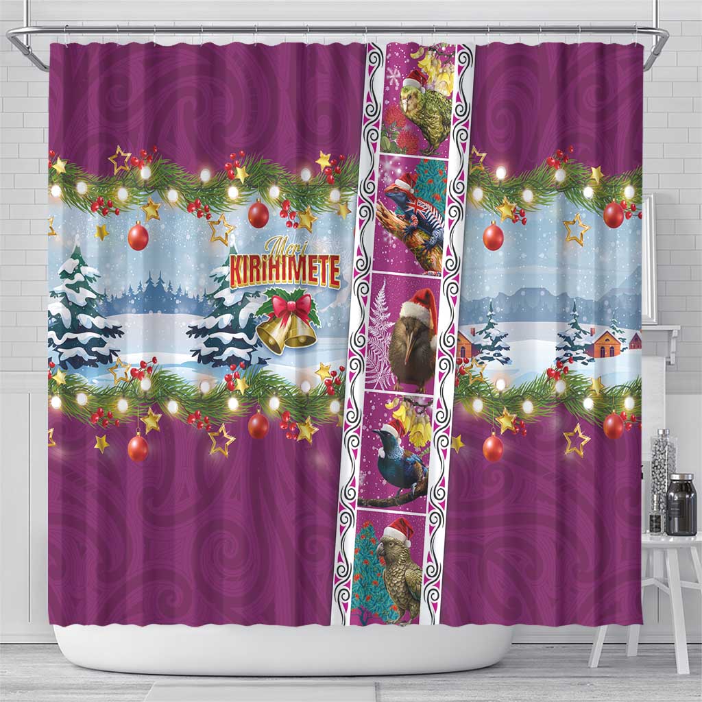 New Zealand Merry Christmas Shower Curtain Maori Animals, Koru Tattoo - Pink Xmas Style LT03 - Polynesian Pride