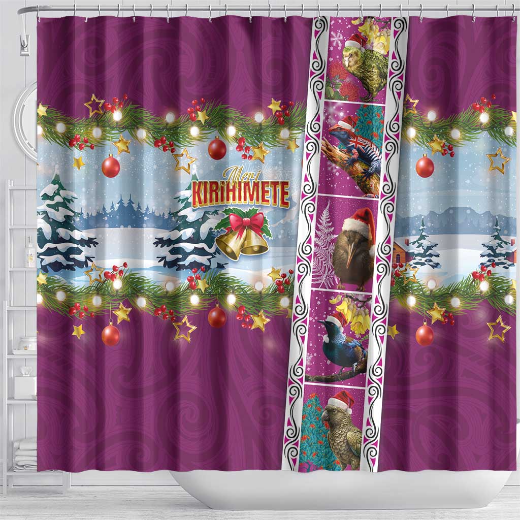 New Zealand Merry Christmas Shower Curtain Maori Animals, Koru Tattoo - Pink Xmas Style LT03 - Polynesian Pride