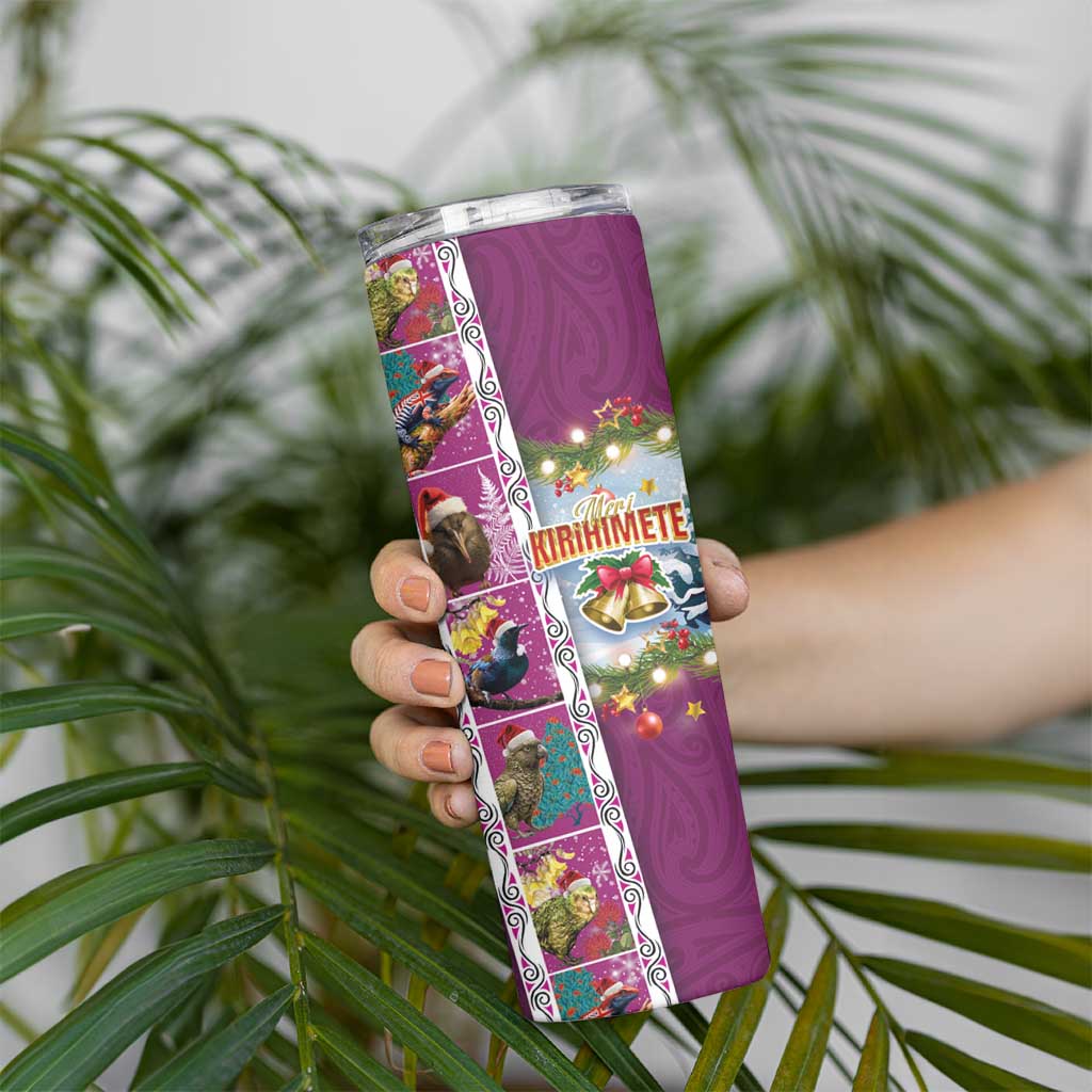 New Zealand Merry Christmas Skinny Tumbler Maori Animals Xmas Style and Koru Tattoo Pink Color LT03 - Polynesian Pride