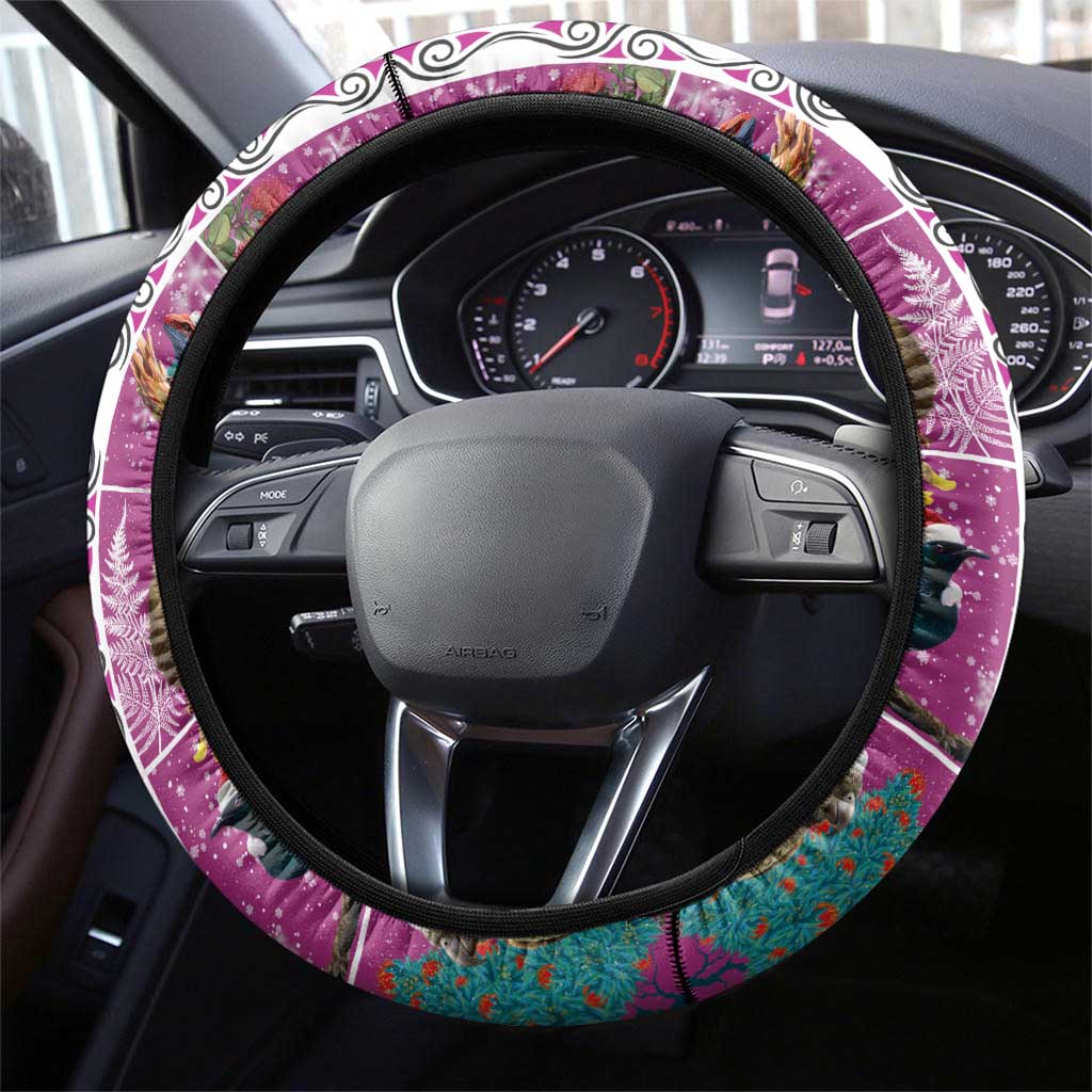 New Zealand Merry Christmas Steering Wheel Cover Maori Animals, Koru Tattoo - Pink Xmas Style LT03 - Polynesian Pride