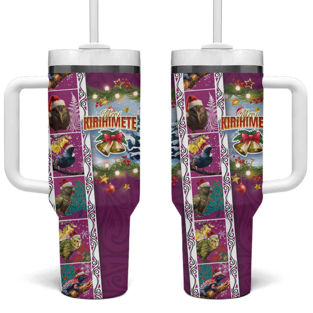New Zealand Merry Christmas Tumbler With Handle Maori Animals Xmas Style and Koru Tattoo Pink Color LT03 One Size: 40 oz Pink - Polynesian Pride