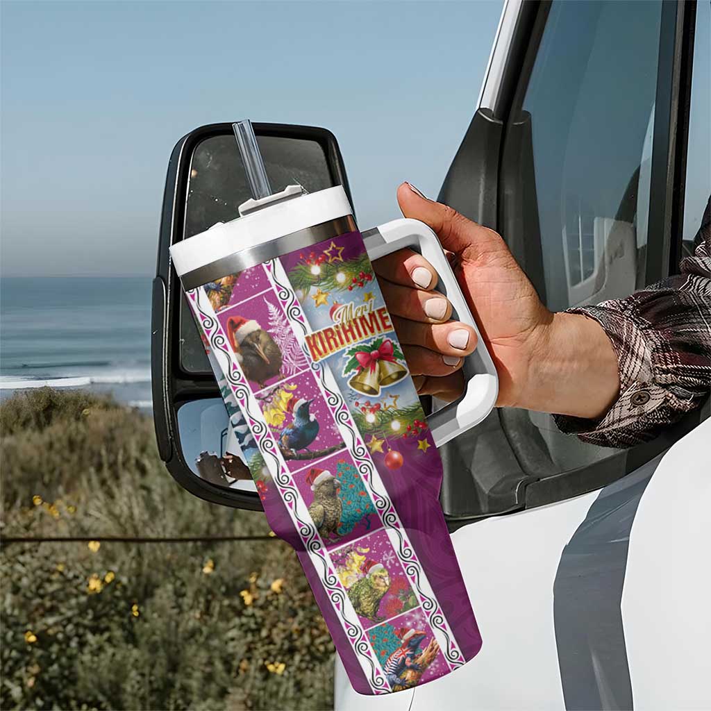 New Zealand Merry Christmas Tumbler With Handle Maori Animals Xmas Style and Koru Tattoo Pink Color LT03 - Polynesian Pride