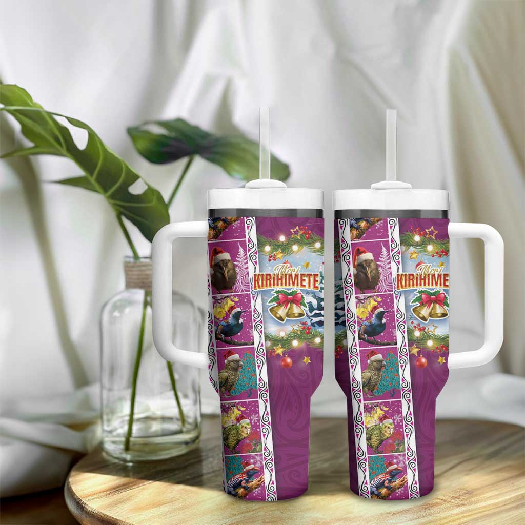 New Zealand Merry Christmas Tumbler With Handle Maori Animals Xmas Style and Koru Tattoo Pink Color LT03 - Polynesian Pride