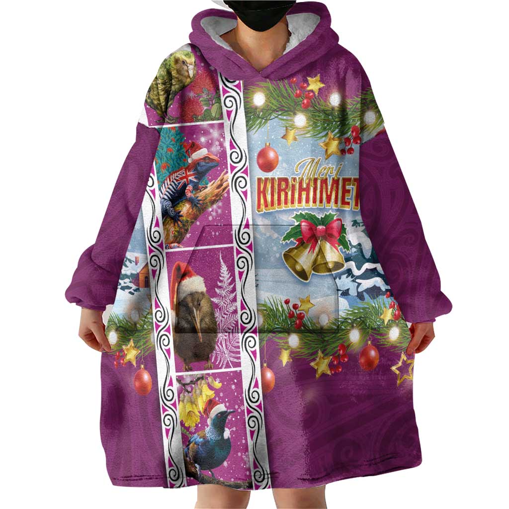 New Zealand Merry Christmas Wearable Blanket Hoodie Maori Animals, Koru Tattoo - Pink Xmas Style LT03 - Polynesian Pride
