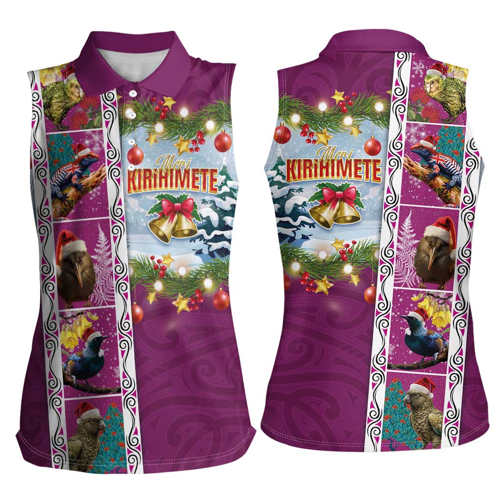 New Zealand Merry Christmas Women Sleeveless Polo Shirt Maori Animals, Koru Tattoo - Pink Xmas Style LT03 - Polynesian Pride