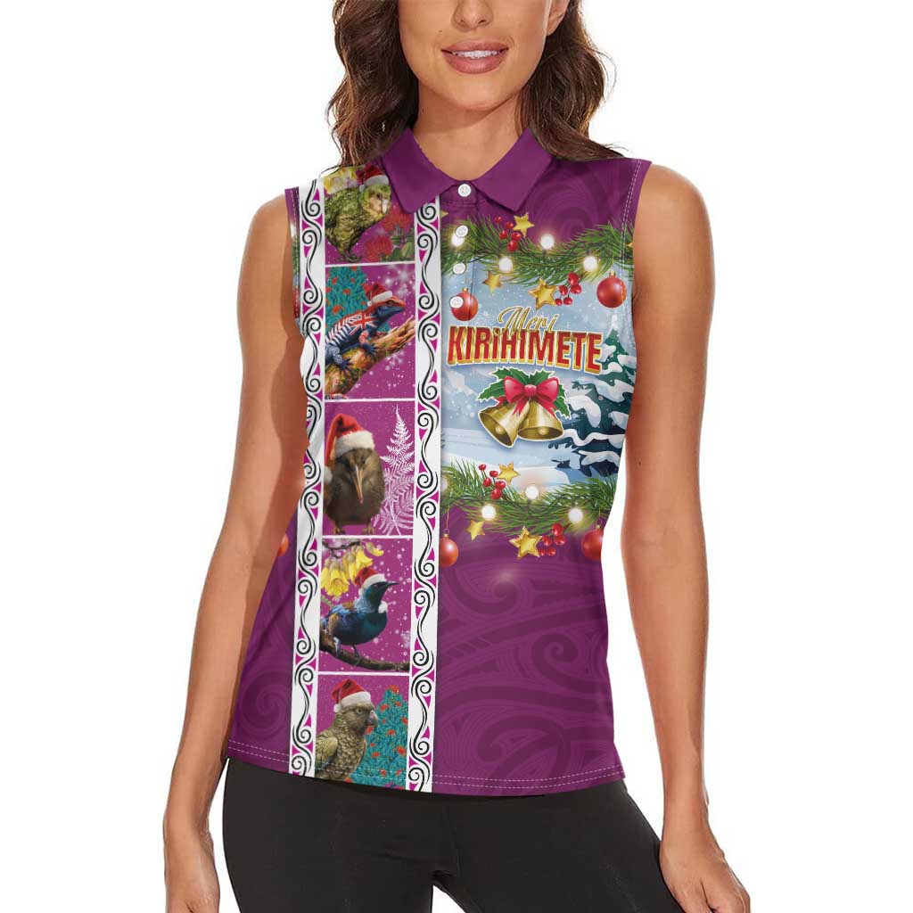 New Zealand Merry Christmas Women Sleeveless Polo Shirt Maori Animals, Koru Tattoo - Pink Xmas Style LT03 - Polynesian Pride