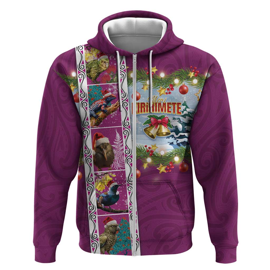 New Zealand Merry Christmas Zip Hoodie Maori Animals, Koru Tattoo - Pink Xmas Style LT03 Zip Hoodie Pink - Polynesian Pride