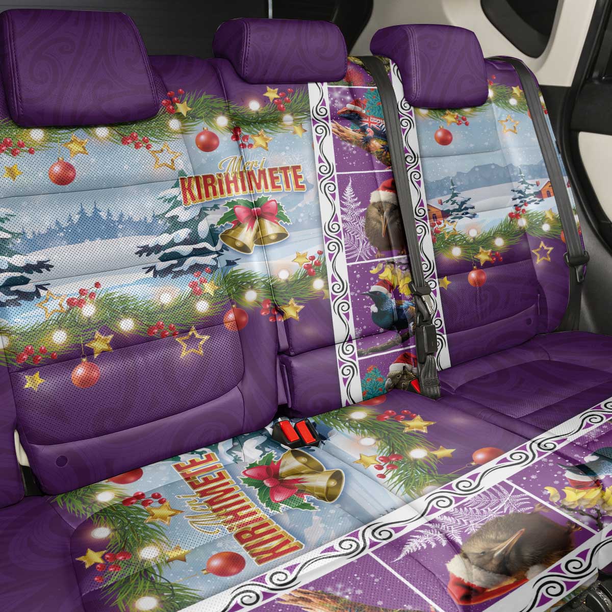 New Zealand Merry Christmas Back Car Seat Cover Maori Animals, Koru Tattoo - Purple Xmas Style LT03 - Polynesian Pride