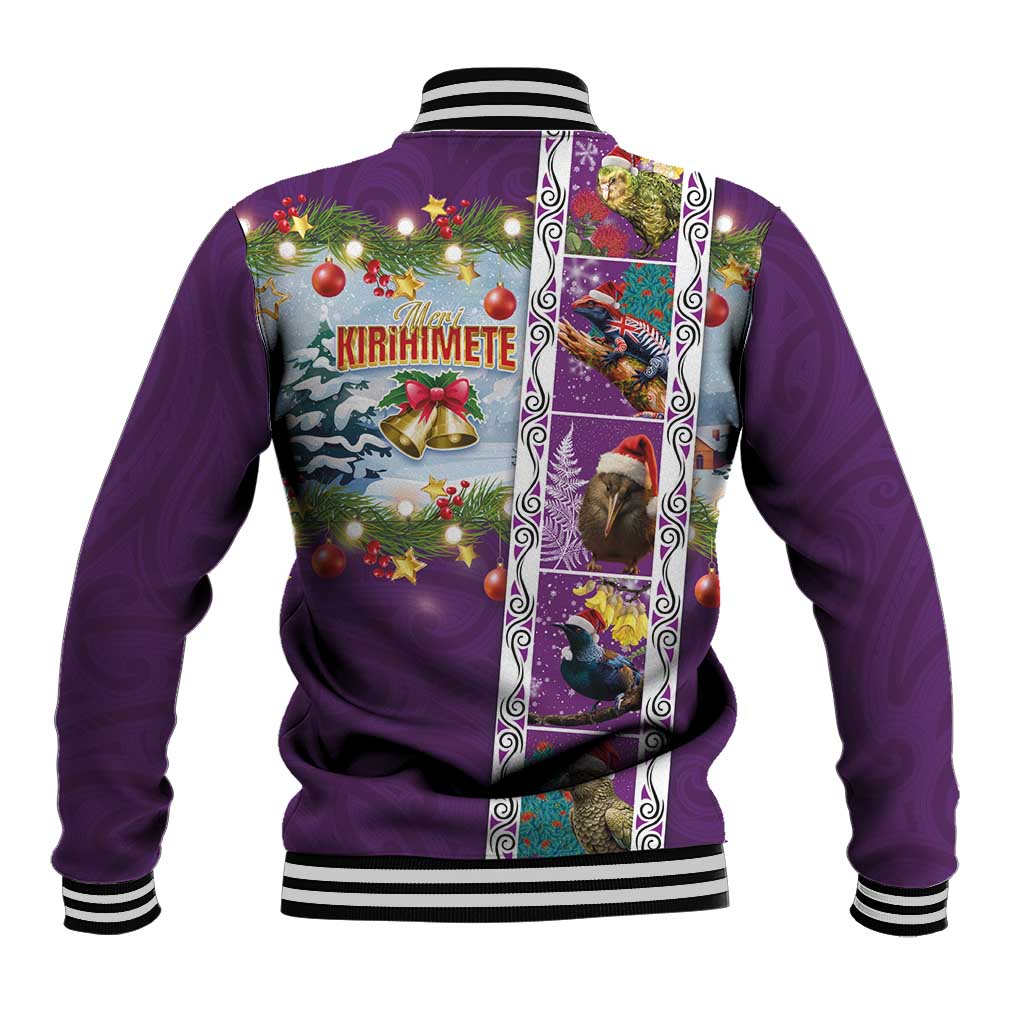 New Zealand Merry Christmas Baseball Jacket Maori Animals, Koru Tattoo - Purple Xmas Style LT03 - Polynesian Pride