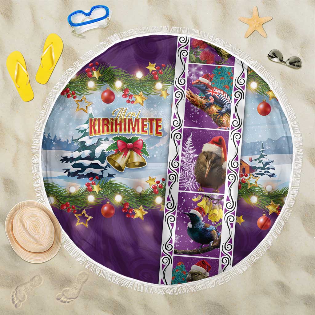 New Zealand Merry Christmas Beach Blanket Maori Animals, Koru Tattoo - Purple Xmas Style LT03 One Size 150cm Purple - Polynesian Pride