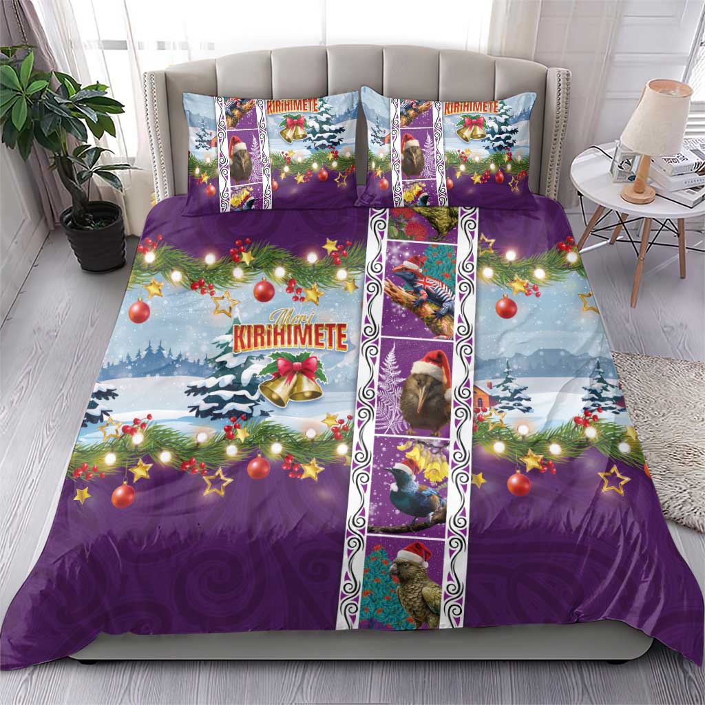 New Zealand Merry Christmas Bedding Set Maori Animals, Koru Tattoo - Purple Xmas Style LT03 - Polynesian Pride