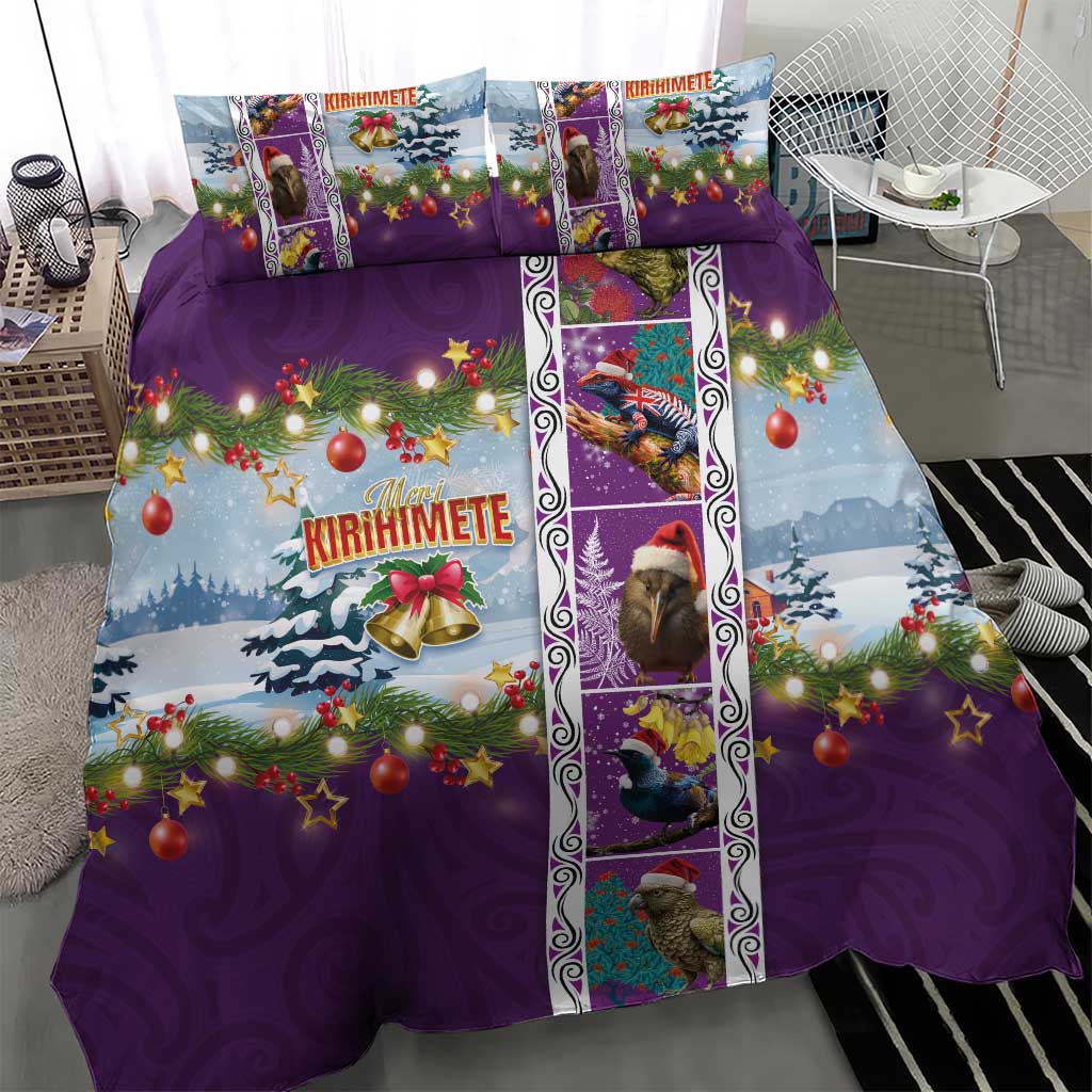 New Zealand Merry Christmas Bedding Set Maori Animals, Koru Tattoo - Purple Xmas Style LT03 - Polynesian Pride