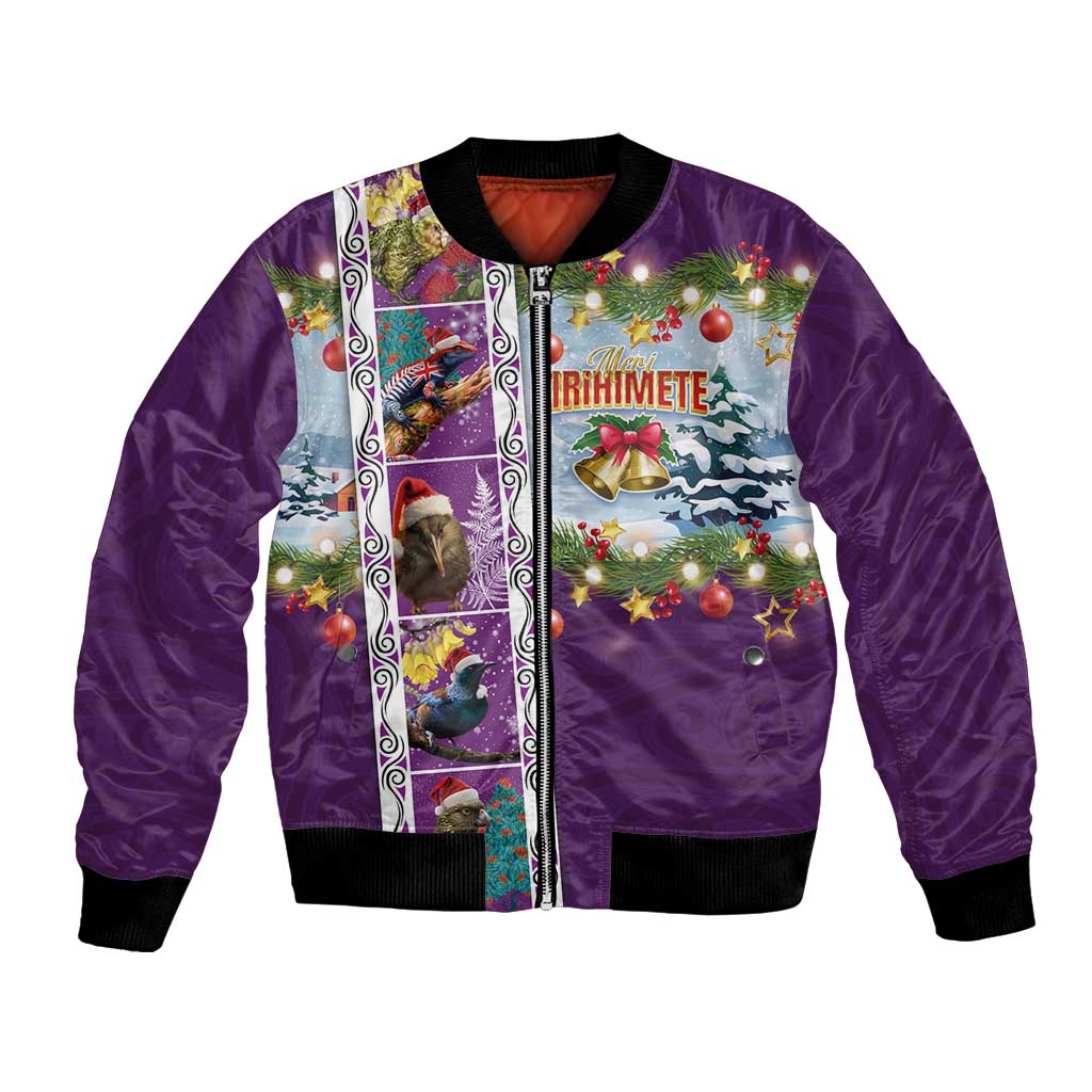 New Zealand Merry Christmas Bomber Jacket Maori Animals, Koru Tattoo - Purple Xmas Style LT03 Unisex Purple - Polynesian Pride