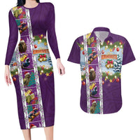 New Zealand Merry Christmas Couples Matching Long Sleeve Bodycon Dress and Hawaiian Shirt Maori Animals, Koru Tattoo - Purple Xmas Style LT03 Purple - Polynesian Pride