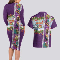 New Zealand Merry Christmas Couples Matching Long Sleeve Bodycon Dress and Hawaiian Shirt Maori Animals, Koru Tattoo - Purple Xmas Style LT03 - Polynesian Pride