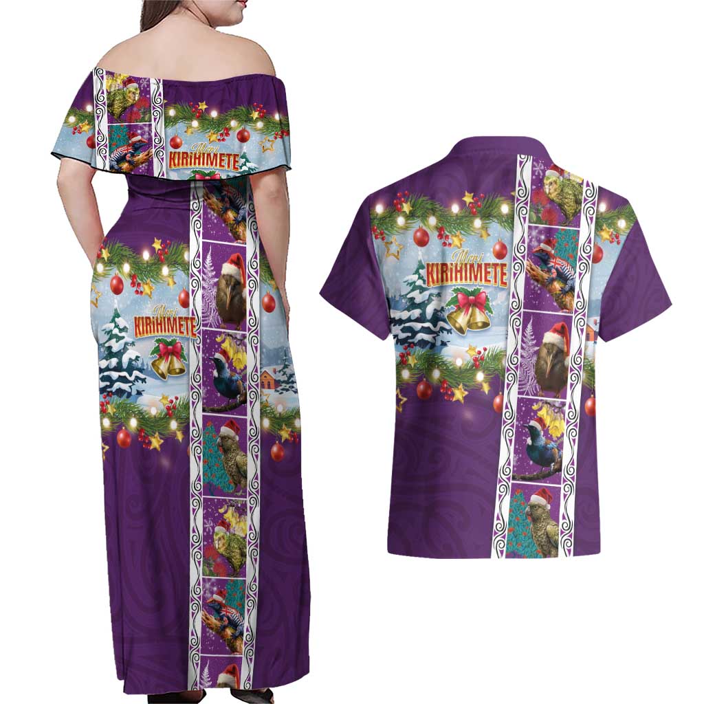 New Zealand Merry Christmas Couples Matching Off Shoulder Maxi Dress and Hawaiian Shirt Maori Animals, Koru Tattoo - Purple Xmas Style LT03 - Polynesian Pride