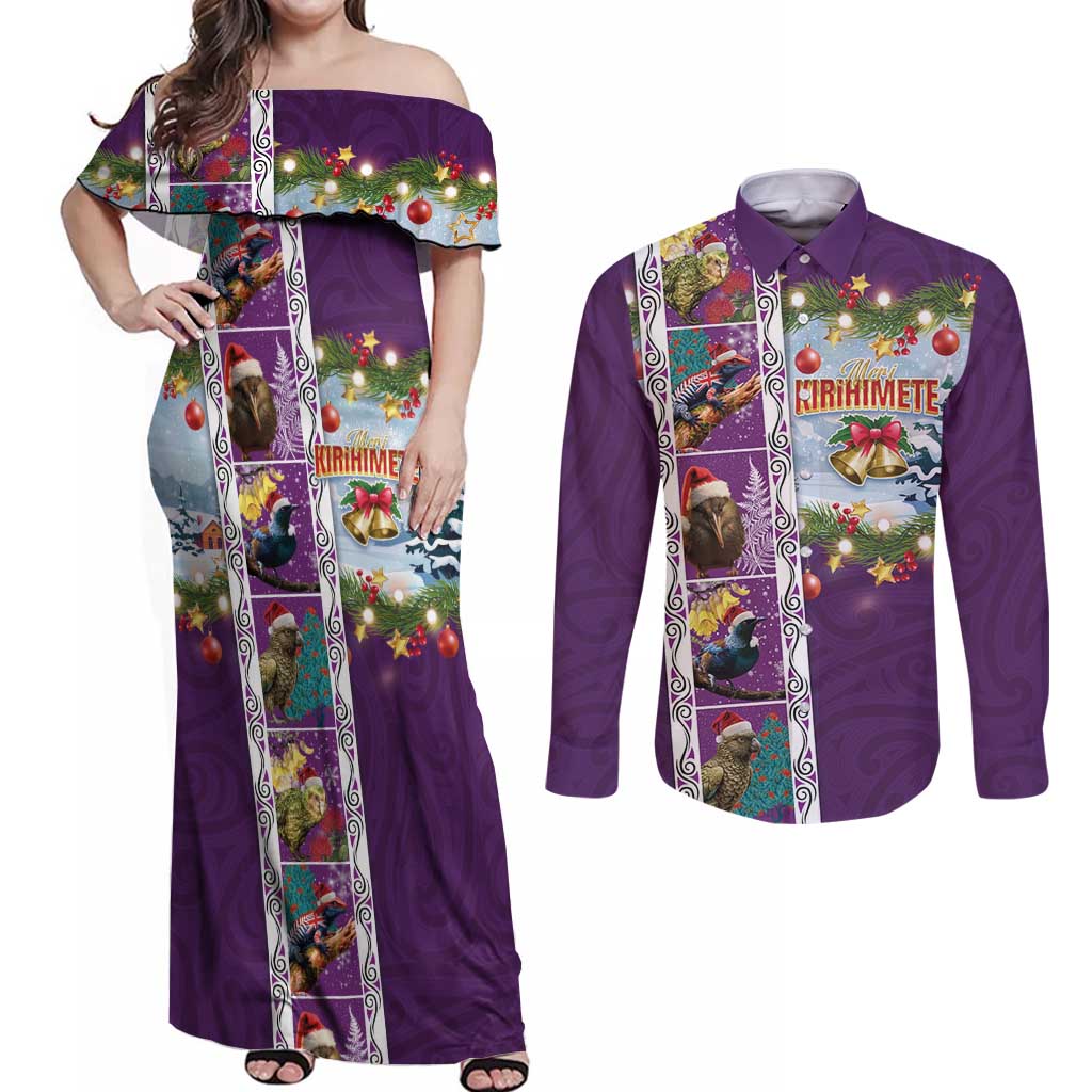 New Zealand Merry Christmas Couples Matching Off Shoulder Maxi Dress and Long Sleeve Button Shirt Maori Animals, Koru Tattoo - Purple Xmas Style LT03 Purple - Polynesian Pride
