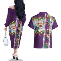 New Zealand Merry Christmas Couples Matching Off The Shoulder Long Sleeve Dress and Hawaiian Shirt Maori Animals, Koru Tattoo - Purple Xmas Style LT03 - Polynesian Pride