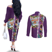 New Zealand Merry Christmas Couples Matching Off The Shoulder Long Sleeve Dress and Long Sleeve Button Shirt Maori Animals, Koru Tattoo - Purple Xmas Style LT03 - Polynesian Pride