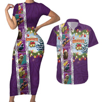 New Zealand Merry Christmas Couples Matching Short Sleeve Bodycon Dress and Hawaiian Shirt Maori Animals, Koru Tattoo - Purple Xmas Style LT03 Purple - Polynesian Pride